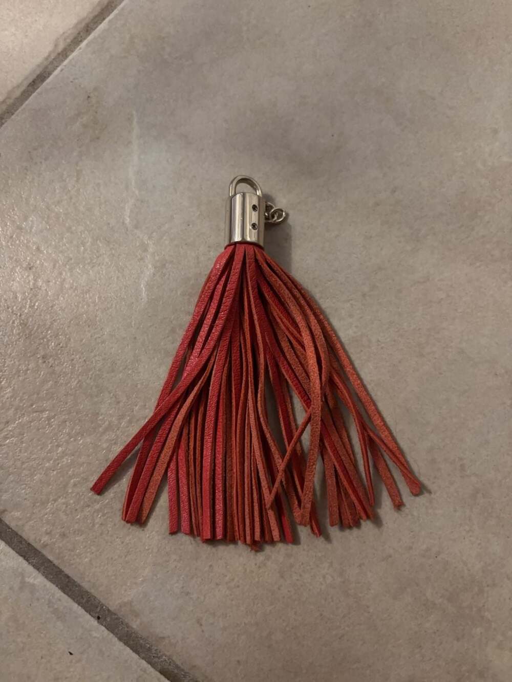Red Leather Tassel Keychain Bag Charm with Silver Hardware
